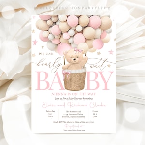 Editable Teddy Bear Hot Air Balloon Baby Shower Invitation Girl Pink Teddy Bear Baby Shower We Can Bearly Wait Shower Instant Download 5H