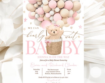 Editable Teddy Bear Hot Air Balloon Baby Shower Invitation Girl Pink Teddy Bear Baby Shower We Can Bearly Wait Shower Instant Download 5H