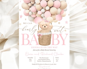 Editable Teddy Bear Hot Air Balloon Baby Shower Invitation Girl Pink Teddy Bear Baby Shower We Can Bearly Wait Shower Instant Download 5H