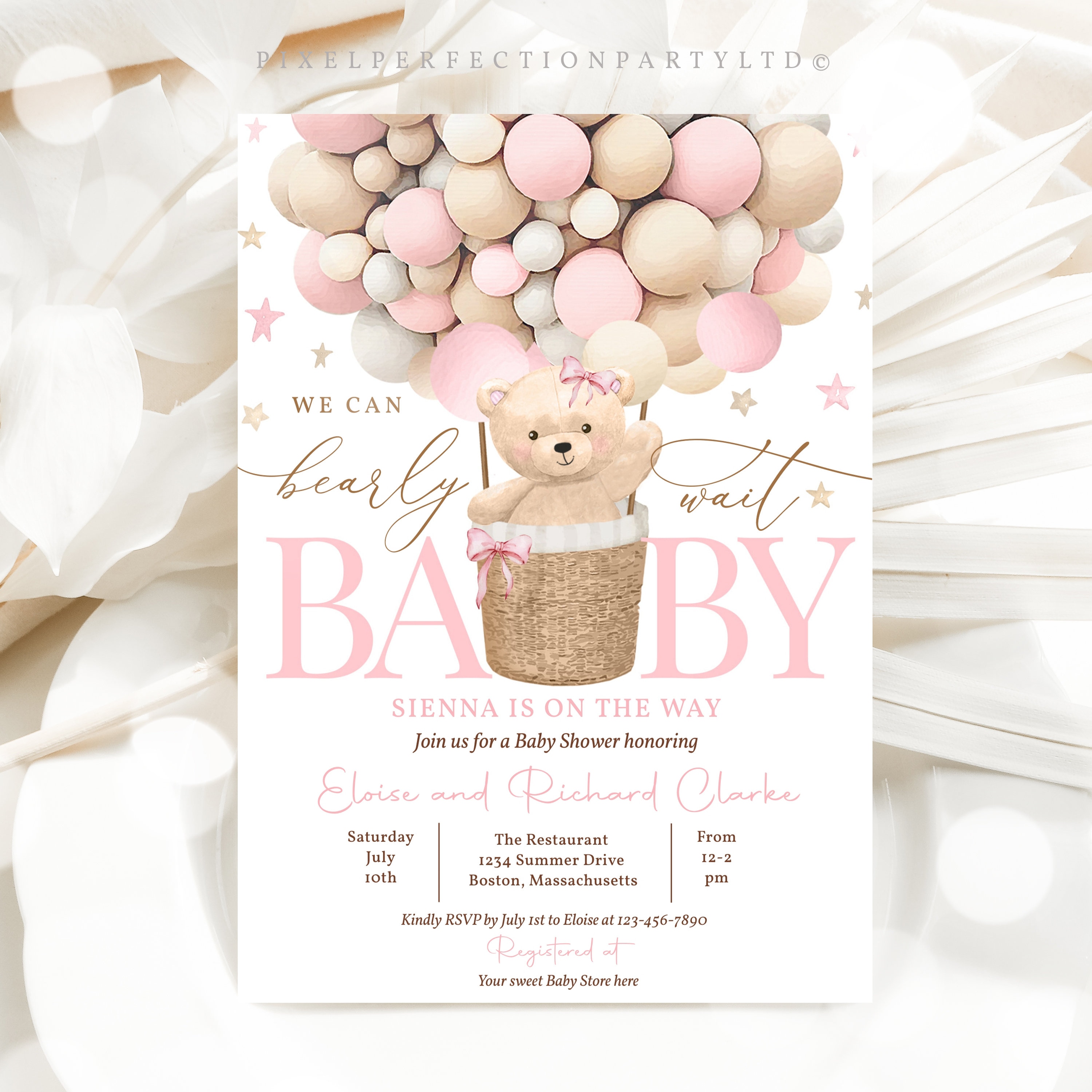 Editable Teddy Bear Hot Air Balloon Baby Shower Invitation Girl