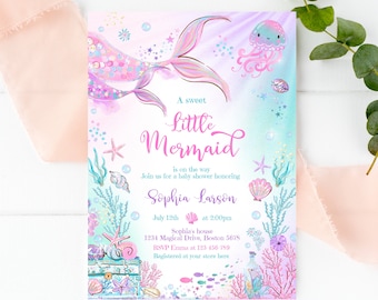 Editable Mermaid Baby Shower Invitation Little Mermaid Under The Sea Baby Shower Invite Whimsical Mermaid Baby Shower Instant Download UH1