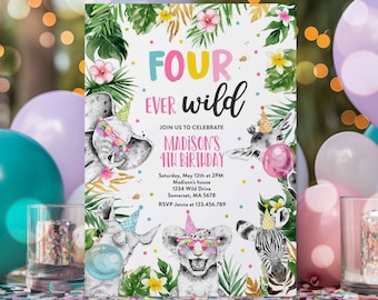 Editable Four Ever Wild Birthday Invitation Safari Animals FourEver Wild 4th Birthday Party Gold Monochrome Jungle Party Instant Download PS