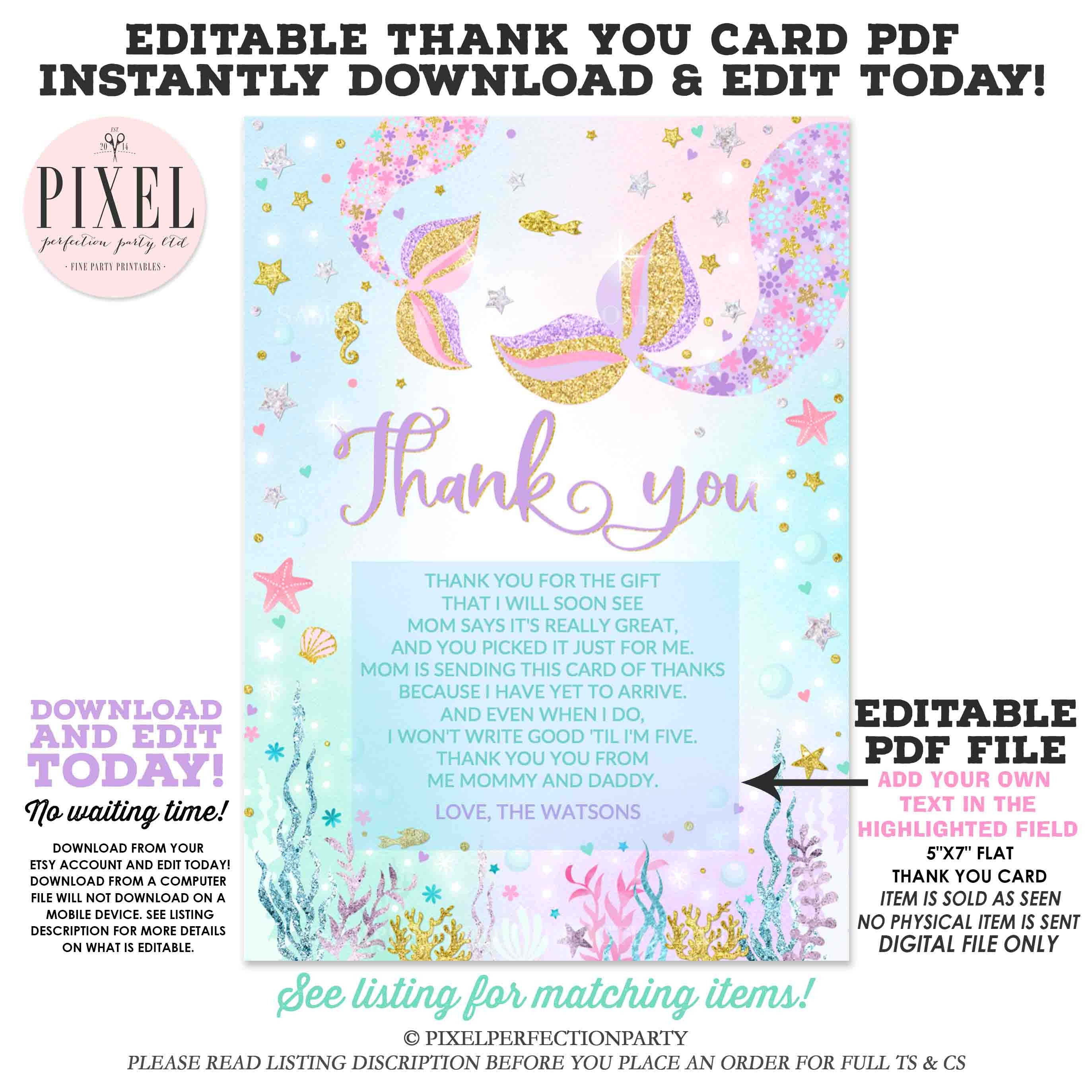 Mermaid Baby Shower Thank You Card Editable PDF Mermaid Baby Etsy