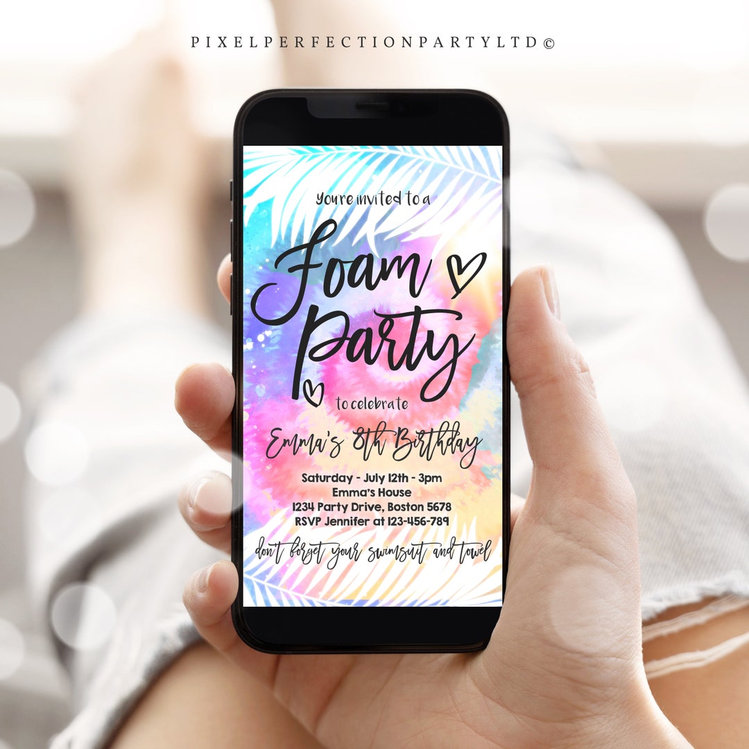 Editable Foam Birthday Party Evite Invitation Girly Tie Dye Summer Pool