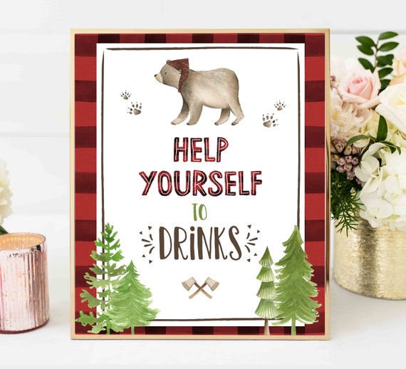 Help Yourself To Drinks Lumberjack Table Sign Lumberjack Party Table Sign Rustic Red Lumberjack Buffalo Plaid Sign Instant Download Sign LB Il_570xn