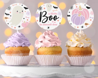 Little Boo Baby Shower Cupcake Toppers Halloween Girl Ghost Baby Shower A Little Boo Is Almost Due Baby Shower Favors Instant Download V3