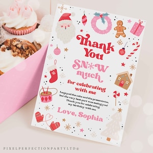 Editable Christmas Birthday Party Thank You Card Oh What Fun Christmas Birthday Party Red & Pink Girl Christmas Party Instant Download HHY