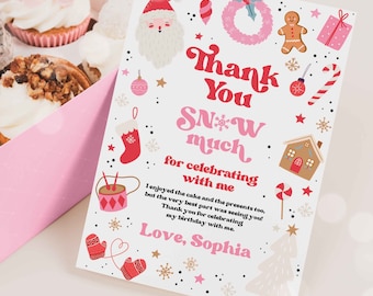 Editable Christmas Birthday Party Thank You Card Oh What Fun Christmas Birthday Party Red & Pink Girl Christmas Party Instant Download HHY