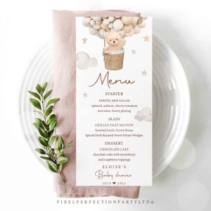 Editable Teddy Bear Hot Air Balloon Baby Shower Menu Card Gender Neutral Decor Teddy Bear Baby Shower Menu Table Decor Instant Download 6H