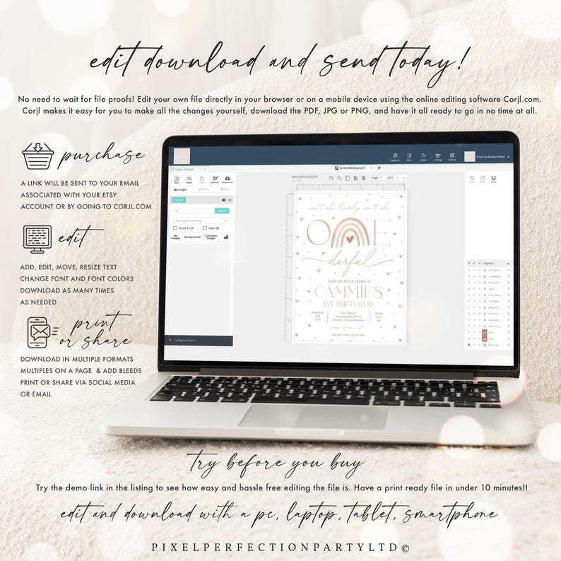 May include: A laptop displays a birthday invitation template with a rainbow and hearts. The text on the screen reads "One derful" and "Cammies 1st Birthday." Instructions for editing and downloading the template are also visible.