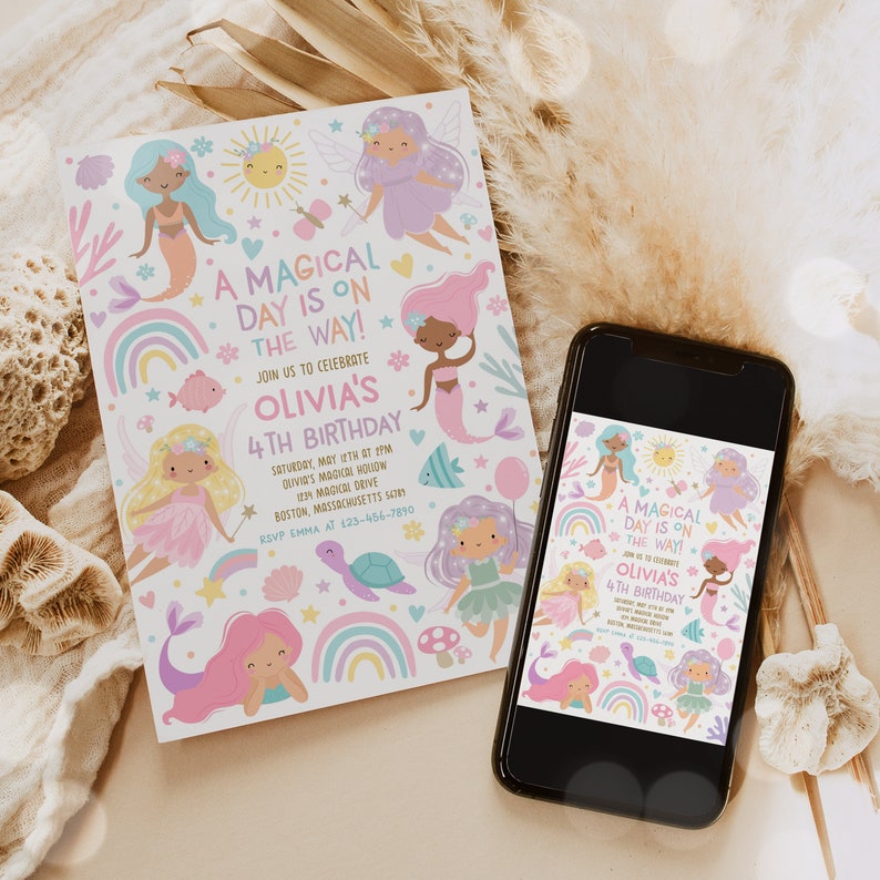 May include: A printable invitation for a 4th birthday party with a mermaid theme. The invitation features a colorful design with mermaids, rainbows, and seashells. The text on the invitation reads "A Magical Day is on the Way! Join us to celebrate Olivia's 4th Birthday".