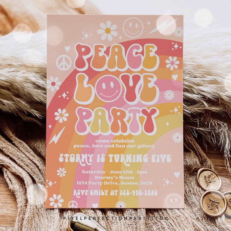 Editable Groovy Birthday Party Invitation Peace Love Party Hippie Groovy Rainbow Party Hippie 70s 1st Birthday Party Instant