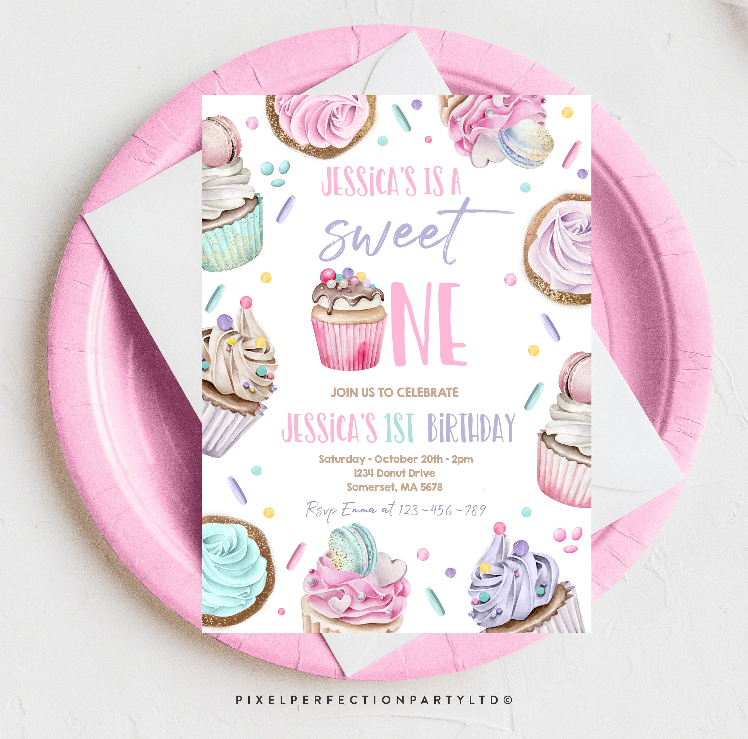 Editable Cupcake Sweet One Birthday Invitation Girl Sweet Etsy Ireland