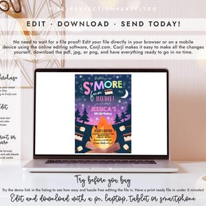 May include: A laptop screen displaying a digital birthday invitation template with a campfire theme. The invitation features a night sky, pine trees, a bonfire, and text that reads S'MORE FUN TOGETHER, JESSICA'S 8TH BIRTHDAY, and event details.