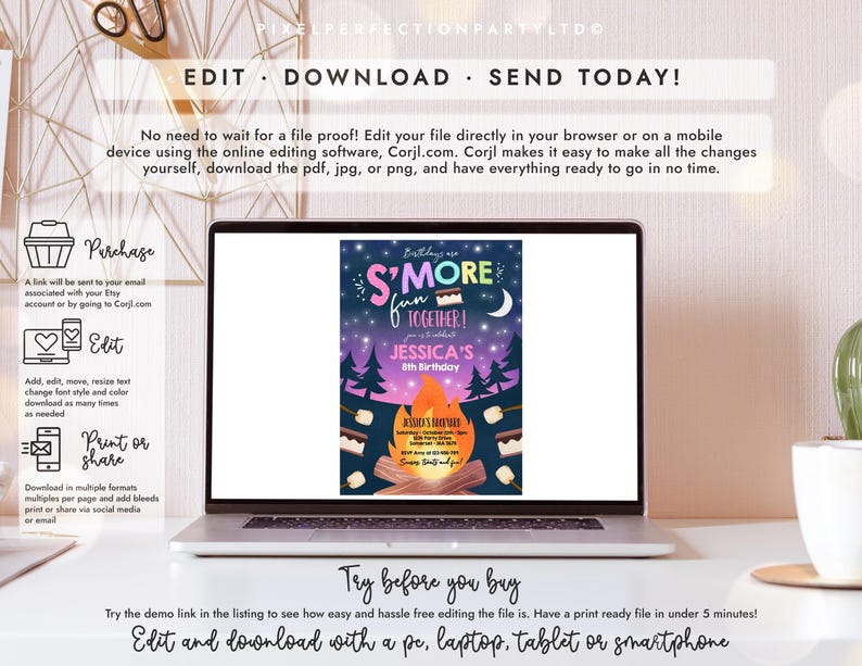 May include: A laptop screen displaying a digital birthday invitation template with a campfire theme. The invitation features a night sky, pine trees, a bonfire, and text that reads S'MORE FUN TOGETHER, JESSICA'S 8TH BIRTHDAY, and event details.