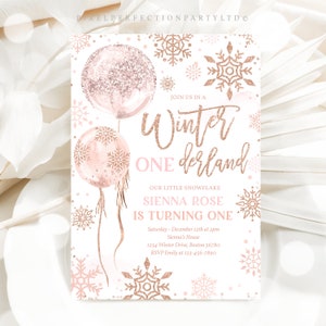 Editable WINTER ONEderland Invitation Pink & Rose Gold Watercolor Snowflake Balloons Whimsical Winter ONEderland Party Instant Download JU