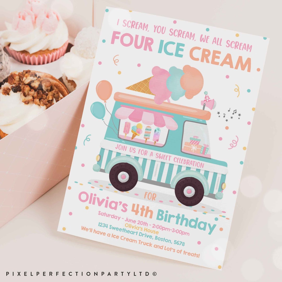 Editable Ice Cream Truck Birthday Invitation I Scream You Scream We All Scream Four Ice Cream