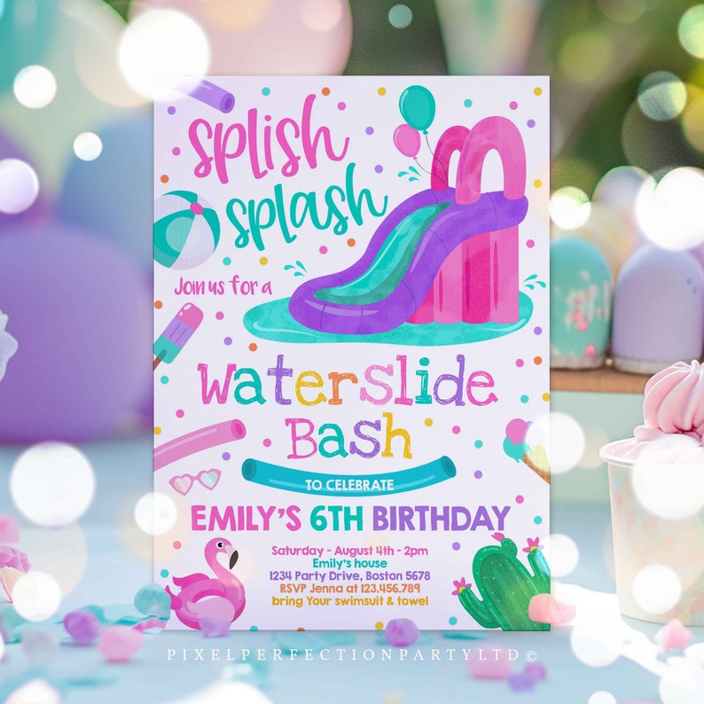 Editable Waterslide Birthday Party Invitation Water Slide Bash Summer Pool Party Girly Pink Pool Party BBQ Pool Party Instant Download AR afbeelding 4