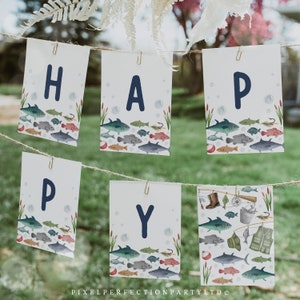 Fishing Birthday Party Banner O-Fish-Ally One 1st Birthday Party Happy Birthday Banner Fisherman Birthday Party Decor Instant Download 42Y