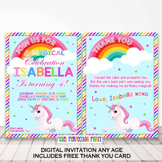 items similar to rainbow unicorn birthday invitation