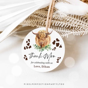 Editable Highland Cow Birthday Party Favor Tags Holy Cow I'm One Birthday Decor Farm Cow Birthday Favors Instant Download Editable 3Z