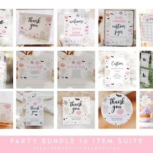 Editable Little Boo Ghost Baby Shower Invitation Bundle Halloween Girl Pink Ghost Baby Shower Party Decor Supplies Kit Instant Download V3