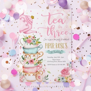 Editable Tea For Three Birthday Invitation Tea For Three 3rd Birthday Party Pink Gold Floral Whimsical Tea Party Instant Download TR image 7