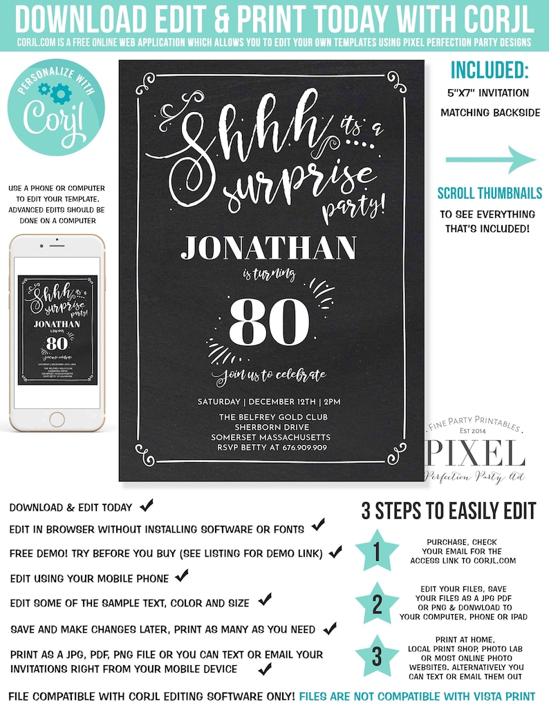 80th Surprise Birthday Invitation Chalkboard Vintage 80th | Etsy