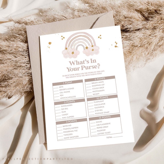 Boho Rainbow Baby Shower Whats In Your Purse Baby Game Bohemian Rainbow Muted Earthy Tones Baby Shower Activity Games Instant Download SR Il_570xn
