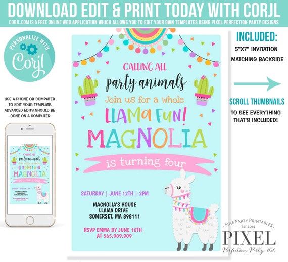 Llama Invitation Llama Birthday Invitation Whole Llama Fun Invitation Llama Party Alpaca Party Cactus Party Instant Download Editable PDF 8T Il_570xn