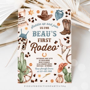 Editable Cowboy Birthday Party Invitation Wild West Cowboy 1st Rodeo Birthday Party Southwestern Ranch Birthday Party Instant Download QN