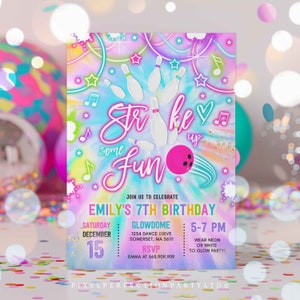 Editable Bowling Invitation Tie Dye Bowling Birthday Party Invite Glow Bowling Party Neon Glow Tie Dye Bowling Party Instant Download OO image 4