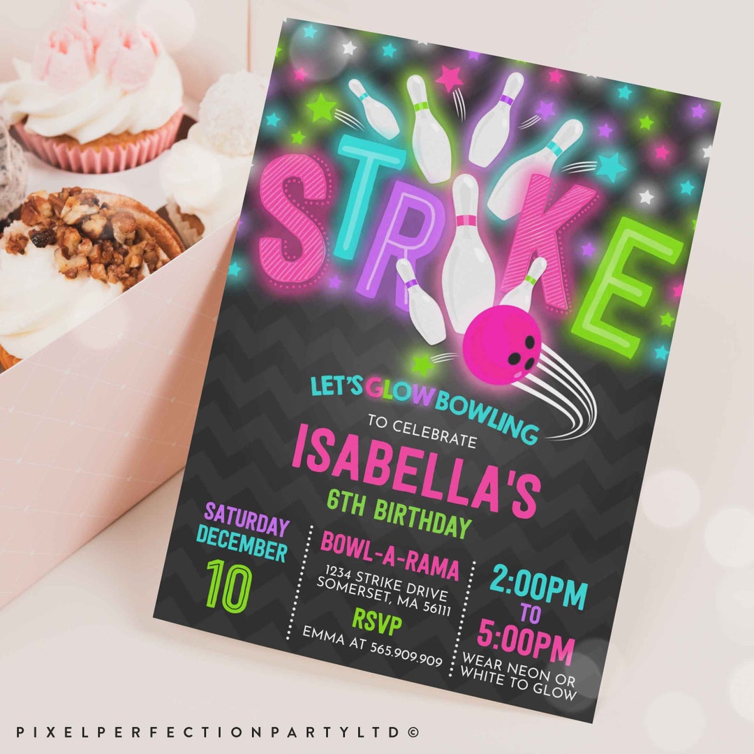 Bowling Invitation Glow Bowling Birthday Invitation Neon Etsy