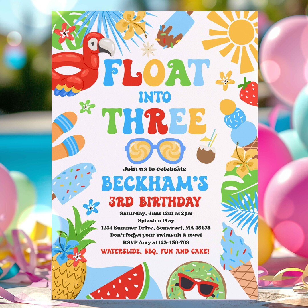 Editable Float Into Three 3rd Birthday Pool Party Invitation Tropical