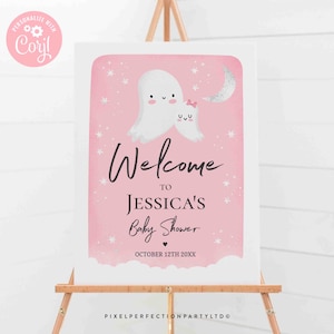 Editable  Little Boo Baby Shower Welcome Sign Pink Ghost Girl Baby Shower Welcome Sign Halloween Pink Ghost Baby Shower Instant Download B7