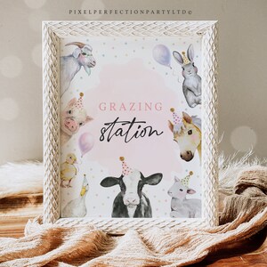 Grazing Station Farm Animals Birthday Party Sign Girl Pink Spring Farm Barnyard 1st Birthday Party Decorations Instant Download File HYS