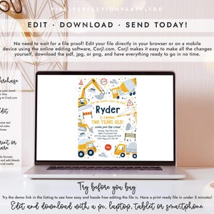 May include: A laptop screen displays a digital construction-themed birthday invitation for a child named Ryder turning two. The invitation features yellow excavators, dump trucks, and traffic signs on a white background with blue and orange text.