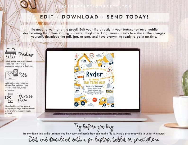 May include: A laptop screen displays a digital construction-themed birthday invitation for a child named Ryder turning two. The invitation features yellow excavators, dump trucks, and traffic signs on a white background with blue and orange text.