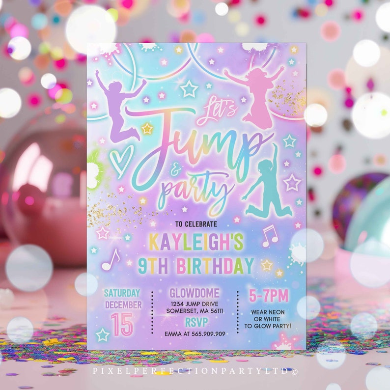 May include: A pastel-colored party invitation with the text "Let's Jump & Party" and details for Kayleigh's 9th birthday. The design includes jumping figures, stars, and musical notes. The invitation is for a party at Glowdome.