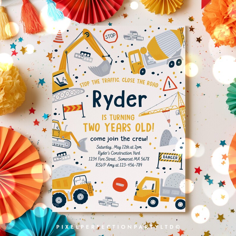 May include: A rectangular construction-themed birthday invitation card featuring yellow excavators, a cement mixer, and a crane. The text reads: Ryder is turning two years old! Come join the crew! Saturday, May 12th at 2pm, Ryder's Construction Yard.