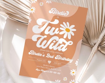 Editable Two Wild 2nd Birthday Party Invitation Boho Daisy Two Wild Party Groovy Hippie Floral 70's Daisy Hippie Party Instant Download FR