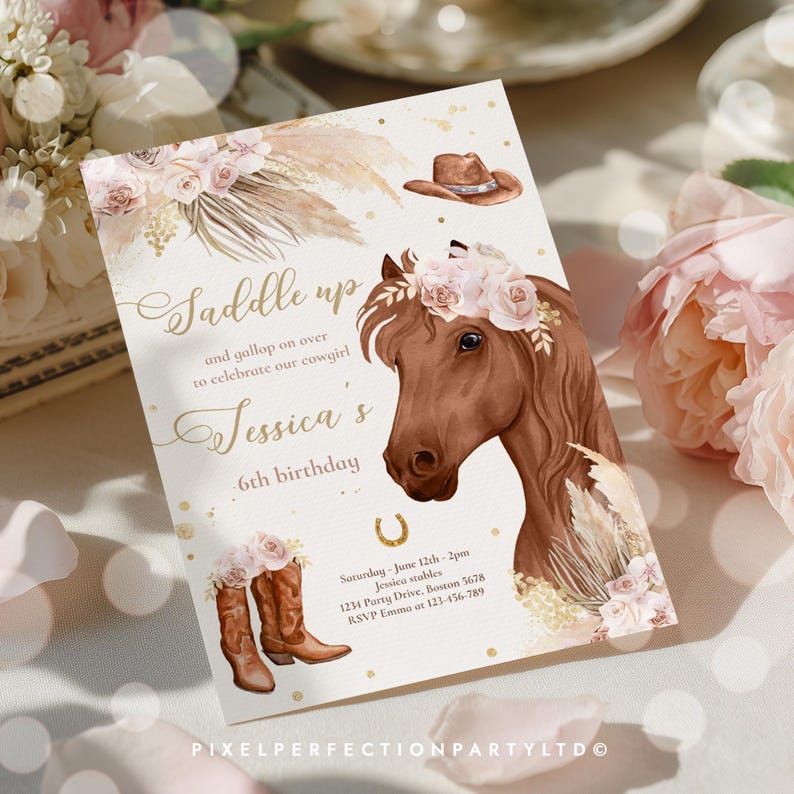 May include: A rectangular birthday invitation card featuring a brown horse with a floral crown, a pair of brown cowboy boots, a cowboy hat, and pampas grass. The text reads: Saddle up and gallop on over to celebrate our cowgirl Jessica's 6th birthday.