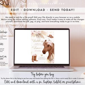 May include: A laptop screen displaying a digital birthday invitation template featuring a brown horse, cowboy boots, a hat, and floral accents. The text reads Saddle up and join us to celebrate our cowgirl Jessica's 4th birthday with event details.