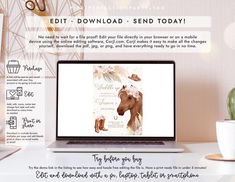 May include: A laptop screen displaying a digital birthday invitation template featuring a brown horse, cowboy boots, a hat, and floral accents. The text reads Saddle up and join us to celebrate our cowgirl Jessica's 4th birthday with event details.