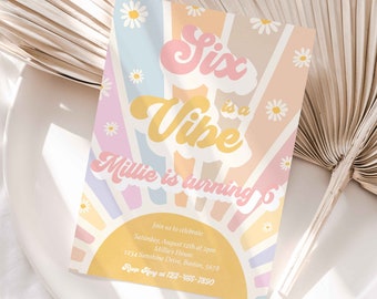 Editable Six Is A Vibe Birthday Invitation Retro Daisy Sunshine 6th Birthday Daisy Hippie Rainbow Sunshine Birthday Instant Download JN