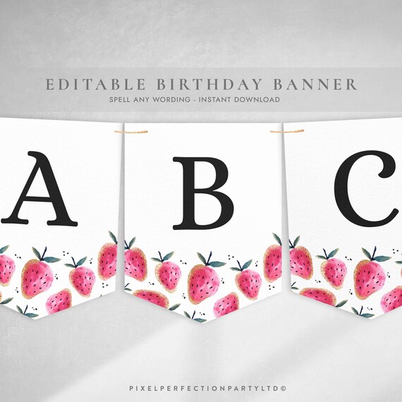 Editable Strawberry Birthday Banner Strawberry Berry First Birthday Party A-Z Banner Berry Sweet Birthday Party Decor Instant Download VC Il_570xn