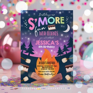May include: A colorful invitation for a birthday party with a campfire and s'mores theme. The invitation says "Birthdays are S'more Fun with Friends" and includes the name Jessica and her 8th birthday. The invitation also includes details about the party, including the date, time, location, and RSVP information.