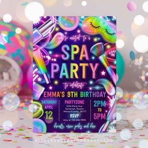 Puede incluir: Una invitaci&oacute;n colorida para una fiesta de spa para celebrar el noveno cumplea&ntilde;os de Emma. La invitaci&oacute;n presenta un fondo morado con texto rosa ne&oacute;n, verde y azul. El texto dice "Est&aacute;s invitado a una fiesta de spa para celebrar el noveno cumplea&ntilde;os de Emma". La invitaci&oacute;n tambi&eacute;n incluye im&aacute;genes de art&iacute;culos de spa, como mascarillas faciales, esmalte de u&ntilde;as y pinceles de maquillaje.