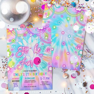 Editable Bowling Invitation Tie Dye Bowling Birthday Party Invite Glow Bowling Party Neon Glow Tie Dye Bowling Party Instant Download OO image 5