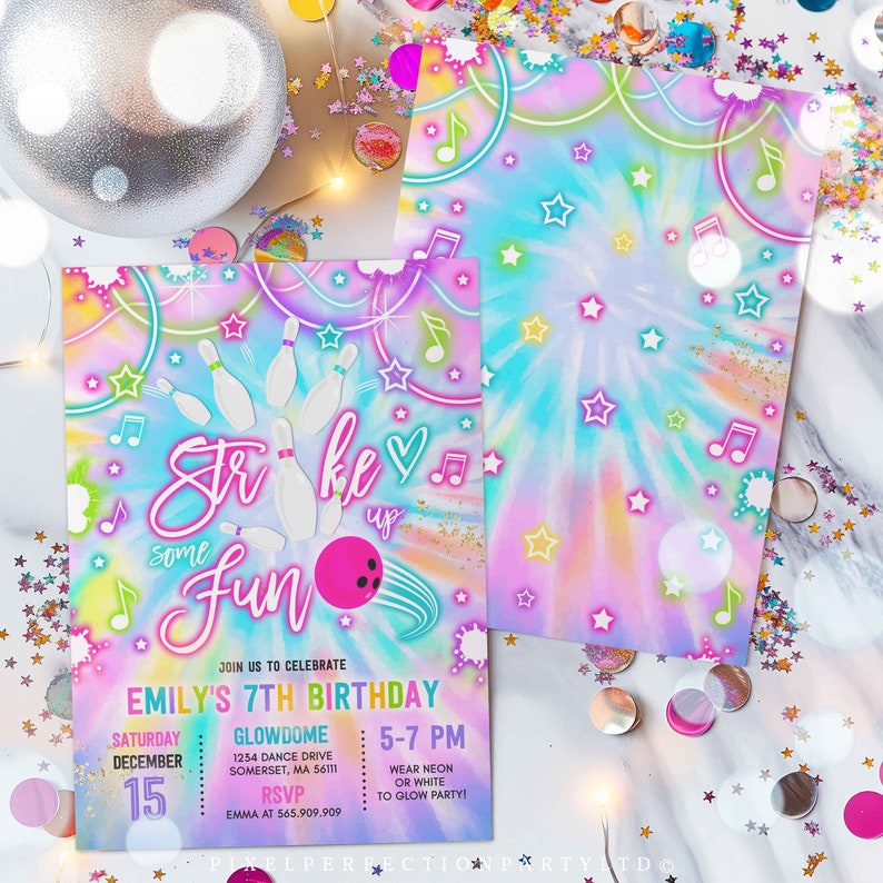 Editable Bowling Invitation Tie Dye Bowling Birthday Party Invite Glow Bowling Party Neon Glow Tie Dye Bowling Party Instant Download OO image 5